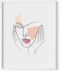 Aesthetic Face Wall Art Hands on Cheeks Continuous Line Drawing Abstract Pink Shapes 11x14 Inch Oak Wood White Framed Modern Portrait for Bedroom Vanity