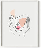 Aesthetic Face Wall Art Hands on Cheeks Continuous Line Drawing Abstract Pink Shapes 11x14 Inch Oak Wood White Framed Modern Portrait for Bedroom Vanity