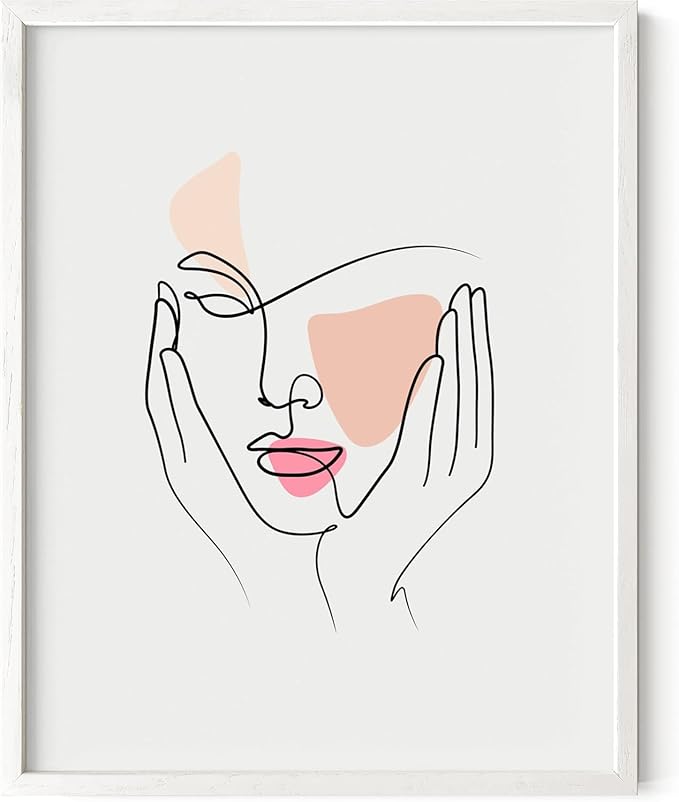 Aesthetic Face Wall Art Hands on Cheeks Continuous Line Drawing Abstract Pink Shapes 11x14 Inch Oak Wood White Framed Modern Portrait for Bedroom Vanity
