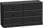 Prepac Astrid 6 Drawer Double Dresser for Bedroom, Wide Chest of Drawers, Bedroom Furniture, Clothes Storage and Organizer, 47.25"W x 28.25"H x 16"D, Black