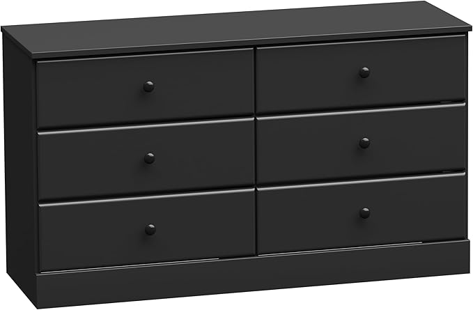 Prepac Astrid 6 Drawer Double Dresser for Bedroom, Wide Chest of Drawers, Bedroom Furniture, Clothes Storage and Organizer, 47.25"W x 28.25"H x 16"D, Black