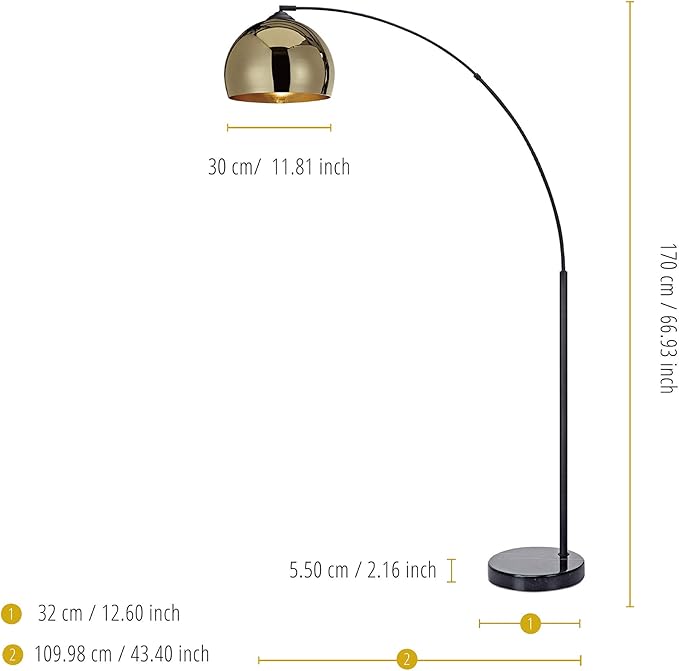 Teamson Home Arquer 66.93" Arc Floor Lamp for Living Rooms, Home Offices, Dining Rooms, Bedrooms with Faux Black Marble Base and Gold Bell Shade