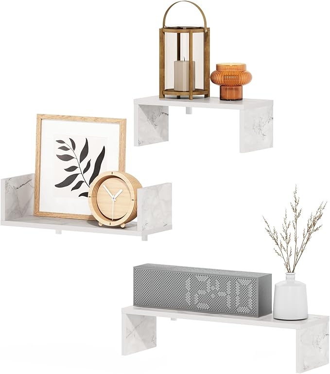 Furinno Rossi Bedroom Decor Wall Mounted Floating Display Shelves with Invisible Brackets, Set of 3, Marble White