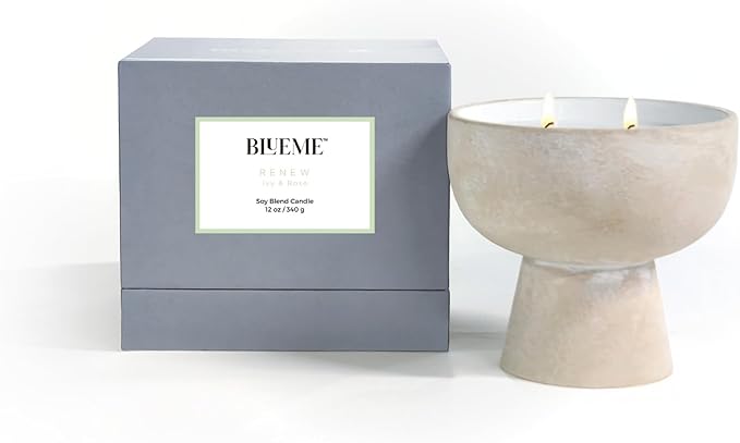 Blueme Renew Candle | Ivy & Rose | 2 Wick - Refillable Wellness Candle with Essential Oils, Hand Finished & Poured Soy Wax Blend Ceramic Vessel, Natural Cotton Wicks | Medium 12 oz