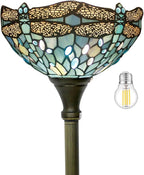 WERFACTORY Tiffany Floor Lamp Sea Blue Stained Glass Dragonfly Light 12X12X71 Inches Pole Torchiere Standing Corner Torch Uplight Decor Bedroom Living Room Home Office S147 Series