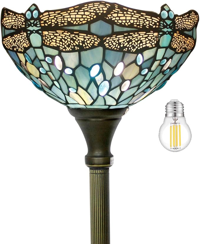 WERFACTORY Tiffany Floor Lamp Sea Blue Stained Glass Dragonfly Light 12X12X71 Inches Pole Torchiere Standing Corner Torch Uplight Decor Bedroom Living Room Home Office S147 Series