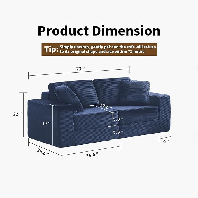FILUXE Modular Sectional Sofa, Modern Modular Sofa Couch with Deep Seat，Comfy Cloud Couch, Sectional Couches for Living Room, Bedroom and Apartment，2-Seater，Navy Blue