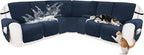 Reclining Sectional Couch Covers 100% Waterproof Velvet L Shape Recliner Couch Covers for Sofa Pets Washable Anti Slip Recliner Slipcovers with Pockets (5 Seat Sofa with 2 Console, Navy Blue)