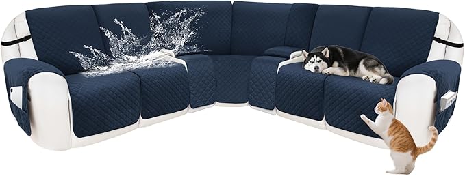 Reclining Sectional Couch Covers 100% Waterproof Velvet L Shape Recliner Couch Covers for Sofa Pets Washable Anti Slip Recliner Slipcovers with Pockets (5 Seat Sofa with 2 Console, Navy Blue)
