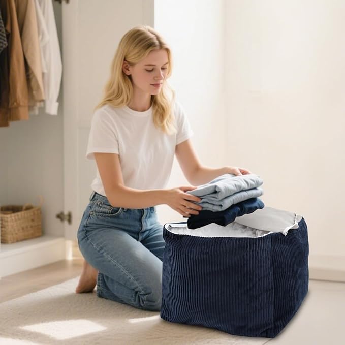 Sexysamba Round Corduroy Pouf Cover Only, 20"x 16" Unstuffed Decorative Ottoman Foot Stool Rest, Washable Storage Bean Bag Chair Floor Pouf Covers for Living Room Bedroom, Grey