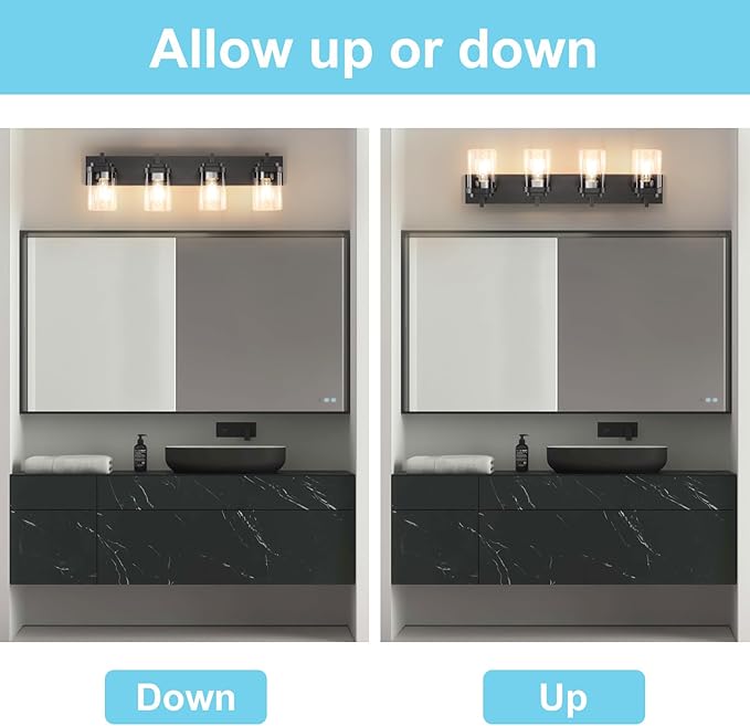 Vanity Light Fixture,4-Light Vanity Light for Bathroom,Matte Black Bathroom Vanity Lighting Over Mirror with Square Clear Glass Shade for Restroom