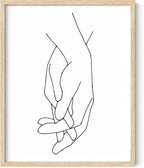 Holding Hands Wall Art Interlocking Fingers Connection Continuous Line Drawing 8x10 Inch Oak Wood Beige Framed Modern Minimalist Unity Print for Bedroom