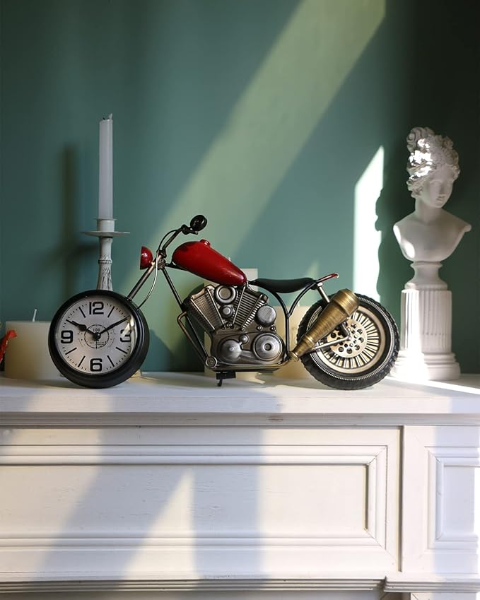 Vintage Motorcycle Desk Clock, Red, Battery Operated, 17.3 in L, 2.5 in W, 7.8 in H
