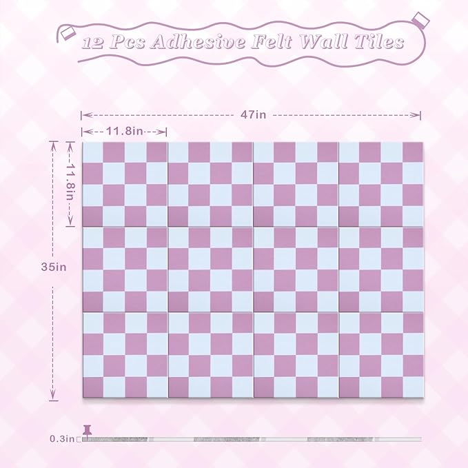 Geyoga 12 Pcs Cork Board for Wall 12 x 12 Inch Retro Colorful Checkered Bulletin Board Acoustic Wall Panels Boho Felt Tiles Cute Self Adhesive Hanging Decor for Office Home Classroom(Pink Plaid)