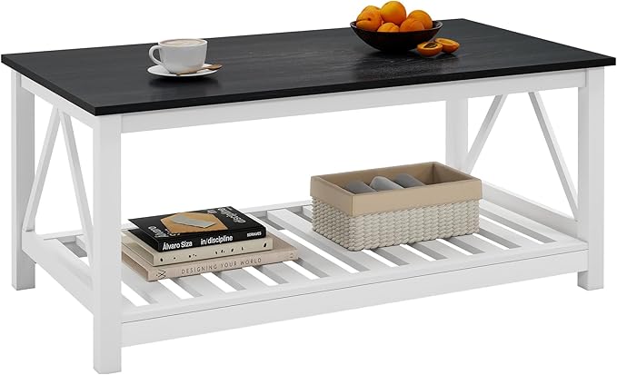 Farmhouse Coffee Table, Black and White Coffee Table for Living Room, 2-Tier Rectangular Wooden Centre Cocktail Table with Slats Shelf Storage and V-Shaped Frame Modern Coffee Tables Oak Black
