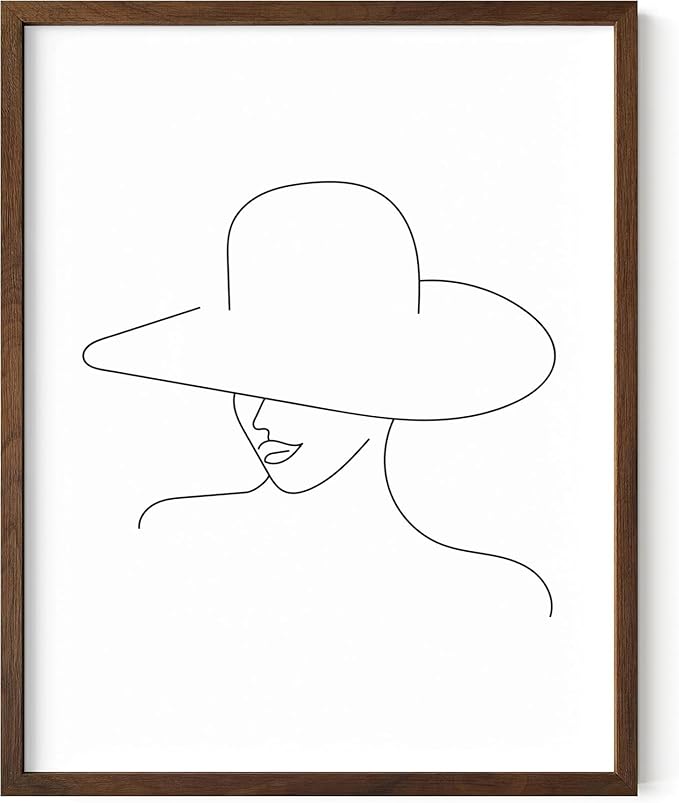 Elegant Woman in Hat Wall Art Minimalist Feminine Profile Continuous Line Drawing 11x14 Inch Oak Wood Walnut Framed Chic Fashion Print for Vanity Bedroom