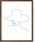 Elegant Woman in Hat Wall Art Minimalist Feminine Profile Continuous Line Drawing 11x14 Inch Oak Wood Walnut Framed Chic Fashion Print for Vanity Bedroom