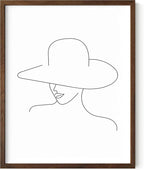 Elegant Woman in Hat Wall Art Minimalist Feminine Profile Continuous Line Drawing 11x14 Inch Oak Wood Walnut Framed Chic Fashion Print for Vanity Bedroom