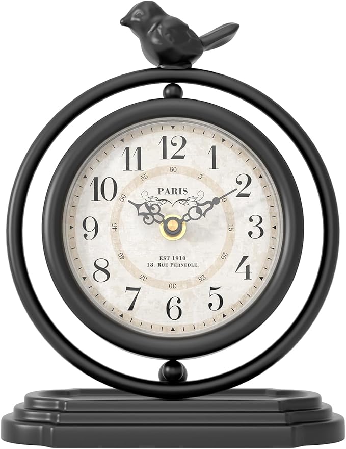 Black Vintage Table Clock with Bird, European Retro Style Mantel Clocks, Desk and Shelf Decor Clock, for Living Room, Farmhouse, Bedside, Bedroom, Gift (7.9" H x 6.3" W)