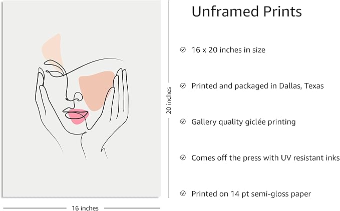 Y2K BOO Aesthetic Face UNFRAMED Wall Art Hands on Cheeks Continuous Line Drawing Abstract Pink Shapes 16x20 Inch Heavyweight Paper Studio Decor