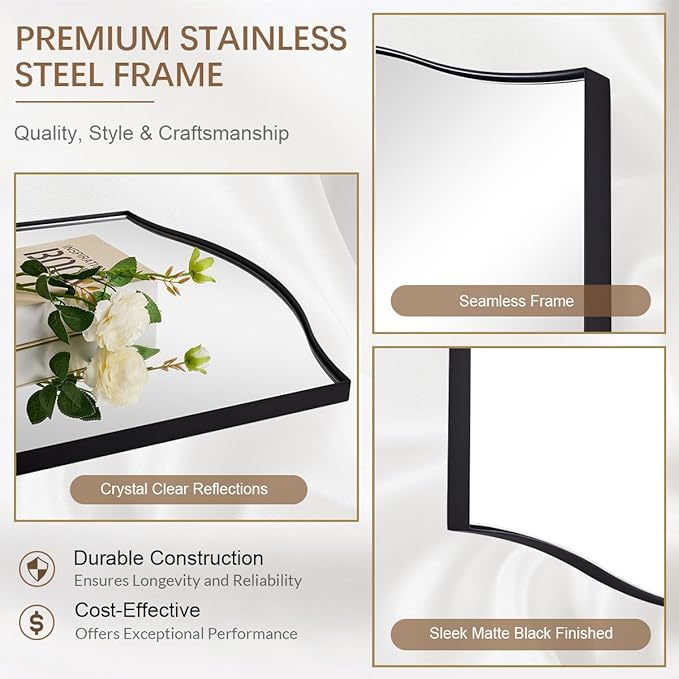 ANDY STAR Black Bathroom Mirror, 22"x30" Scalloped Wall Mirror in Stainless Steel Metal Frame, Unique Vanity Mirror with Modern Curved Edge Design, Ideal for Bathroom, Bedroom, Entryway