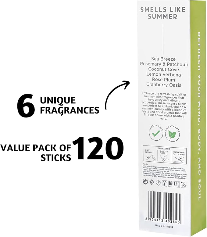 Folkulture Incense Sticks (120 Sticks) | Set of 6 Smell Like Summer Incense for Gifts, Aromatherapy | No Charcoal,Organic,Non Toxic,45 Mins Burn Time Sea Breeze, Lemon Summer Scents Insence-Sticks