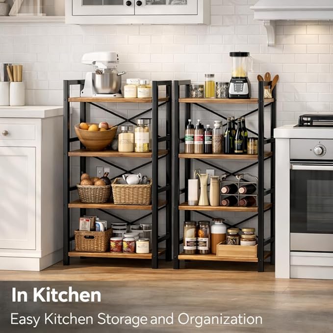 Tall Bookshelf for Small Spaces, 4-Tier Industrial Bookcase with Metal Frame and Wood Shelves, Vertical Storage Shelf for Apartments, Condos, and Small Rooms