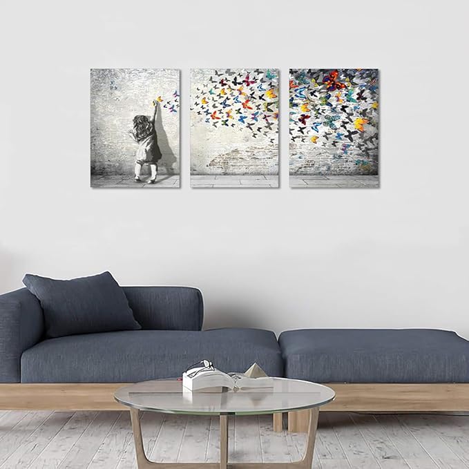 Novatique Banksy Canvas Wall Art for Bedroom Street Graffiti Wall Art Modern Butterfly Paintings Decor Ready to Hang Graffiti Posters Artwork Print for Bathroom Office, 12" x 16" x 3Pcs