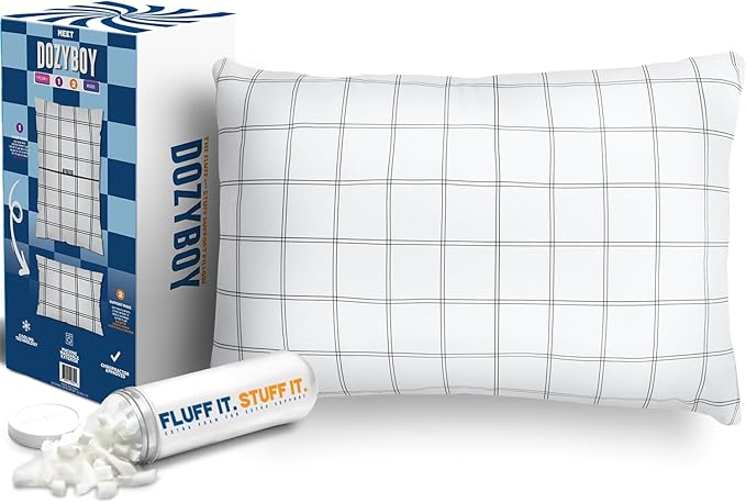 Fluff and Stuff Comfort Pillow | Queen Size Memory Foam Pillows, Chiropractor Designed and Approved 2-in-1 Back Support and Bed Pillows | Fully Adjustable Pillow (Checker, Queen (Pack of 1))