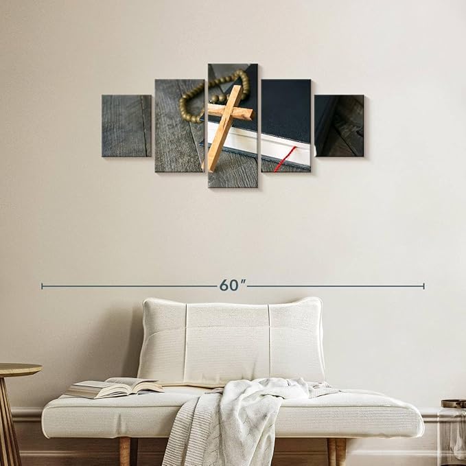 Elephant Stock Cross Canvas - 5 Panel Christian Pictures Decor - Canvas Print Wall Decor - Christian Cross Wall Art - 42" X 19"