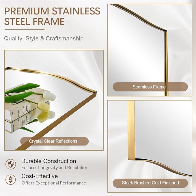 ANDY STAR Scalloped Bathroom Mirror，24"x32" Gold Rectangle Wall Mirror with Curved Edge Stainless Steel Metal Frame, Brass Vanity Wall-Mounted Mirror for Bathroom, Entryway