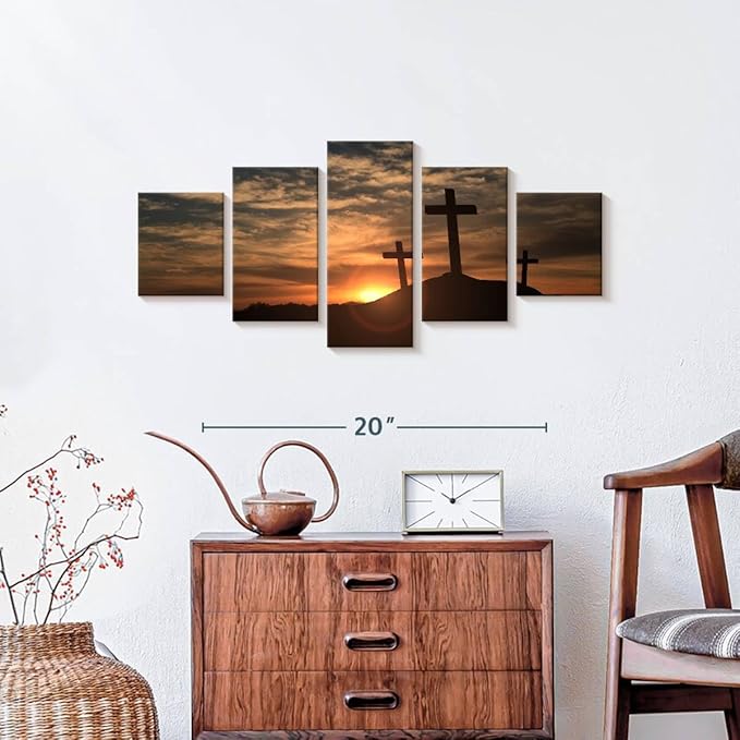 Elephant Stock Cross Silhouettes Wall Art Multi Piece Canvas - 5 Panel Christian Pictures Decor - Digital Design Canvas Print - Christian Wall Decor - 29" X 12"