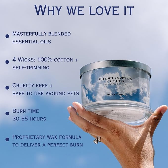 HomeWorx by SLATKIN + CO. Candle- Fresh Cotton Clouds, 18 oz. Premium Scented Candle - 30-55 Hours Burn Time