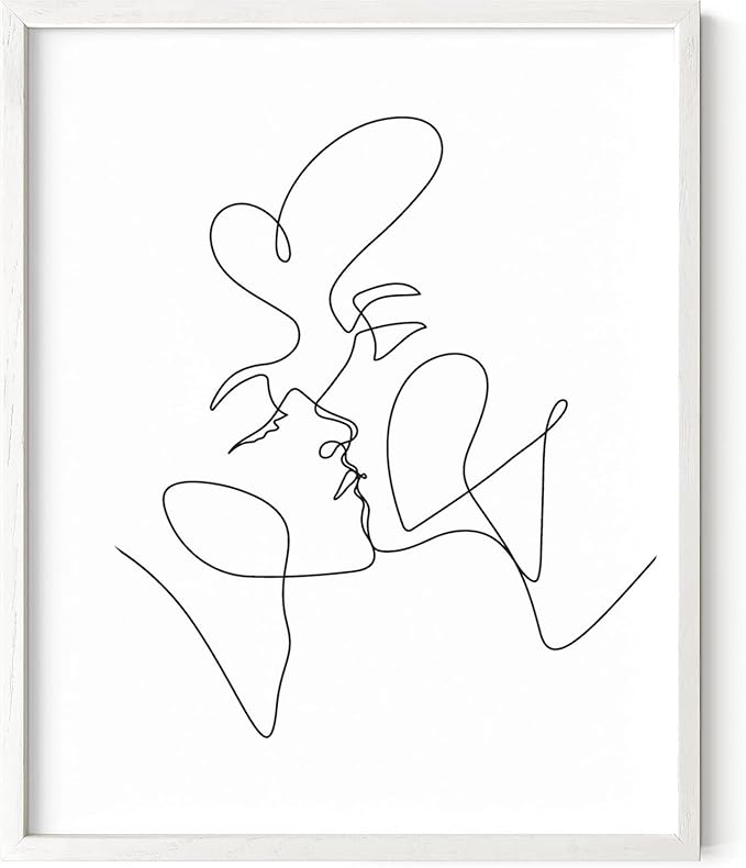 Minimalist Couple Art Wall Art Print Couple Kiss Abstract Line Drawing, Gallery Quality 8"x10" White Framed, Abstract Love Aesthetic Decor Bedroom Living Room