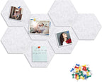 8 Packs Hexagon Felt Pin Board, 12" Bulletin Board with 30 Push Pins, Felt Board for Home Kitchen Office Decor, Self-Adhesive Corkboard Tiles for Walls School Message Photos Memos-Gray