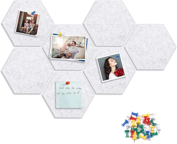 8 Packs Hexagon Felt Pin Board, 12" Bulletin Board with 30 Push Pins, Felt Board for Home Kitchen Office Decor, Self-Adhesive Corkboard Tiles for Walls School Message Photos Memos-Gray