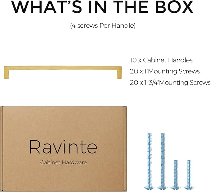 Ravinte 10 Pack 10 Inch Solid Square Cabinet Pulls - Brushed Brass Handles for Kitchen Cabinets & Drawers
