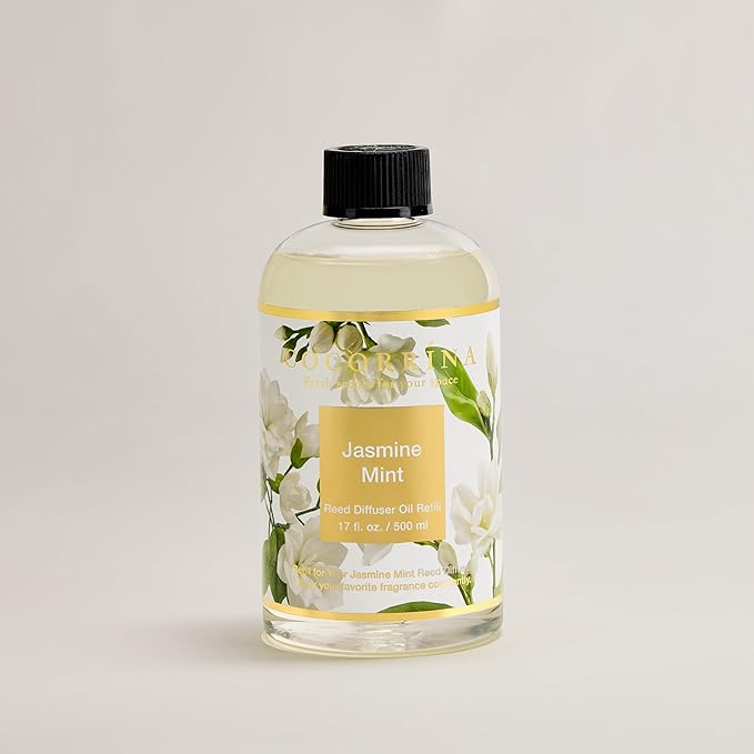 Cocorrína Reed Diffuser Refill Jasmine&Mint 17oz (500ml) with 8 Sticks - Premium Long-Lasting Scented Oil, Home Fragrance for Bedroom, Bathroom Home Decor
