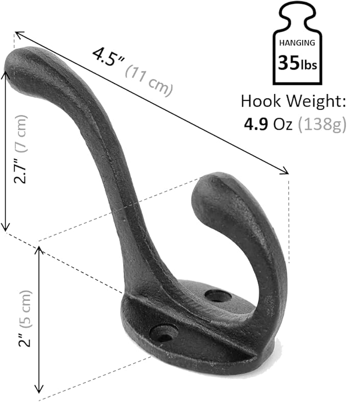 Ambipolar 5 Pack Decorative Cast Iron Heavy Duty Double Hooks, Wall Mounted Coat Hooks, Vintage Inspired (Antique Black) (Cornish Hook)
