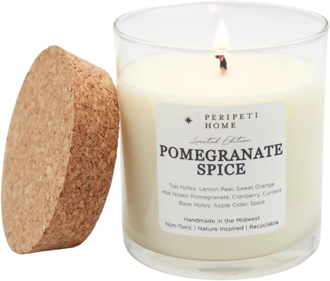 PERIPETI Home Pomegranate Spice Scented Candle, Classic Wick – 8.5oz Natural Soy Wax for Energizing Aromatherapy, Long-Lasting Burn