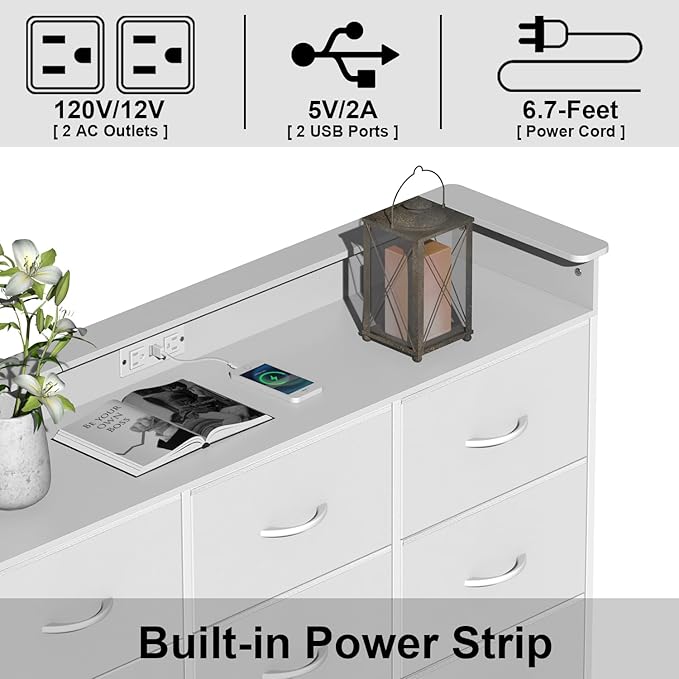 EXOTICA White Dresser with LED Light for Bedroom 9 Drawer Dressers with Charging Station Chests of Drawers for Entryway Closet Living Room Hallway Sturdy Steel Frame Wooden Top Easy Pull Handle