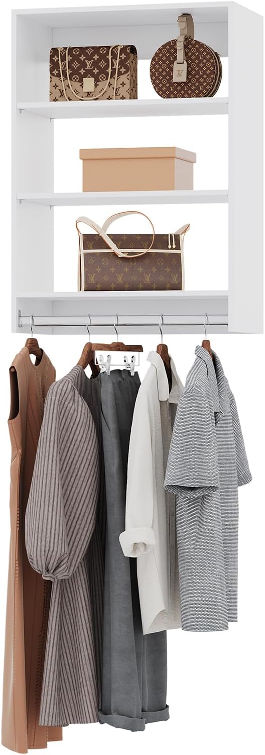 ROOMTEC 19.5" Medium Hanging Closet Unit, Modular Closet System with Hanging Rod, Wardrobe Organizer for Bedroom or Walk-in Closet, Wall Mounted, Customizable Clothes Storage Unit, White