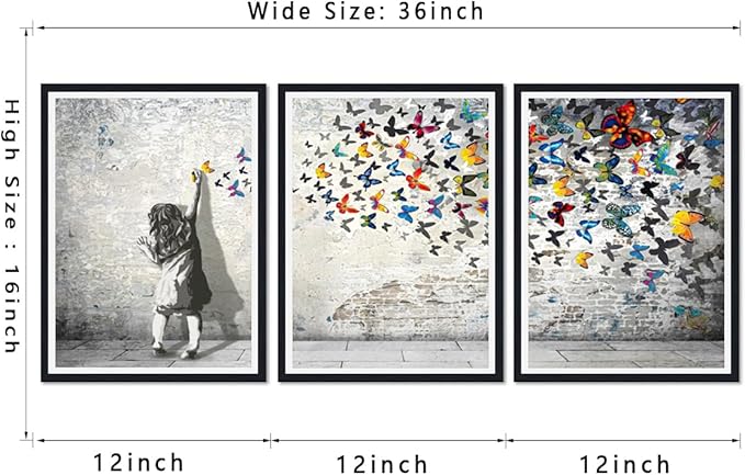 Novatique Banksy Canvas Wall Art Pop Art Wall Decor Banksy Butterfly Art Canvas Print Graffiti Picture Poster for Living Room Bedroom,12" x 16" x 3Pcs