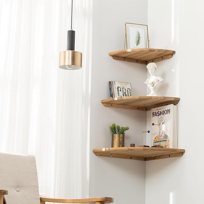 Corner Shelf, 7inch Solid Oak Wood Floating Corner Shelf Wall Mount Round End Floating Speaker Shelves with Wire Hole for Small Plant Photo Frame for Bedroom Kitchen, Living Room | Wire Hole, Small Plant, Photo Frame, Bedroom, Kitchen, Living Room