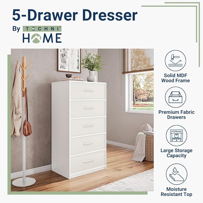 Modern 5-Drawer Dresser with Spacious Storage,Sturdy Wood Frame, and Large Capacity Drawers, Dressers for Bedroom, Home Organization Storage for Living Room or Hallway (White)