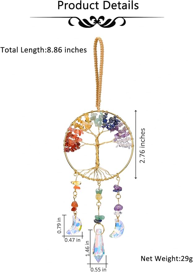 CrystalTears Chakra Crystal Tree Life Hanging Ornament Handmade 7 Chakra Healing Crystal Gemstone Glass Suncatcher for Home Window Wall Decoration Crystals Gifts for Women Men Friends