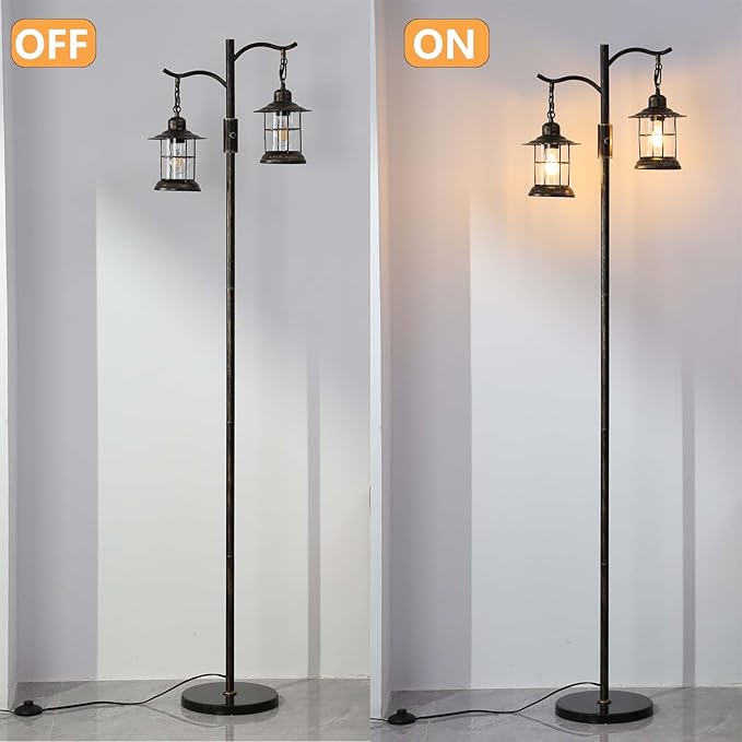 Industrial,Vintage Dimmable Floor Lamp,2 Classical Lanterns Standing Lamp, Rustic Farmhouse Floor Lamp with Bronze Gold Finish, for Living Room Bedroom (Bronze-B-Style)