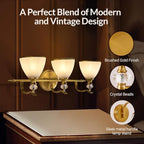 ANDY STAR Bathroom Light Fixture, 3-light Brass Vanity Light, Vintage Bathroom Lights Over Mirror with Crystal Beads, Wall Sconce Lighting with Frosted Milky Glass Shade, E26 Base (Bulbs Not Included)
