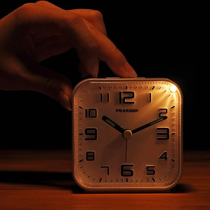 Peakeep 3D Numbers No Tick-Tock Analog Alarm Clock with Classic Beep Sound, Snooze, Manual Light and Battery Powered Small for Travel (White-3D)