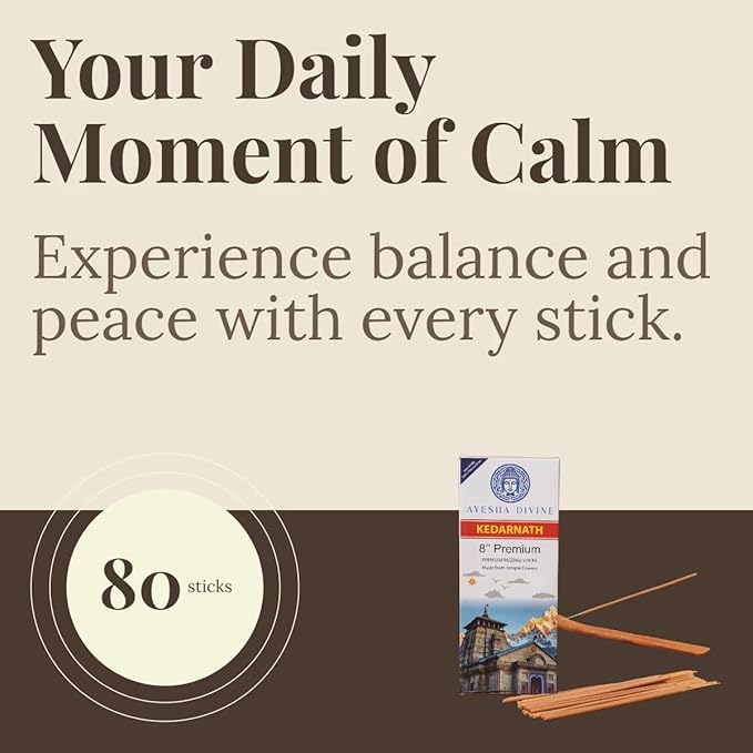 Premium Incense Sticks, 8 Inch, Made from Temple Flowers, Includes Incense Burner Stand, Kedarnath Scent, 80 Count, Palo Santo and White Sage Blend, Home Meditation Aromatherapy